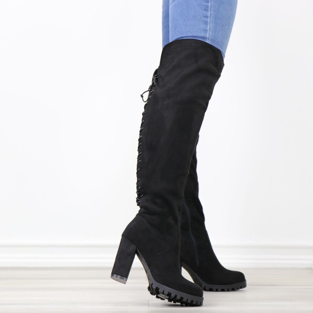 Full Lace-Up Back Black Faux Suede Thigh High Over The Knee Lug Block Heel Boots - Picture 5 of 14